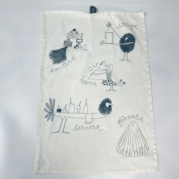 IKEA Other - IKEA Tea Towel Quirky Illustration Bird Creatures Print White Black Oppna Stanga